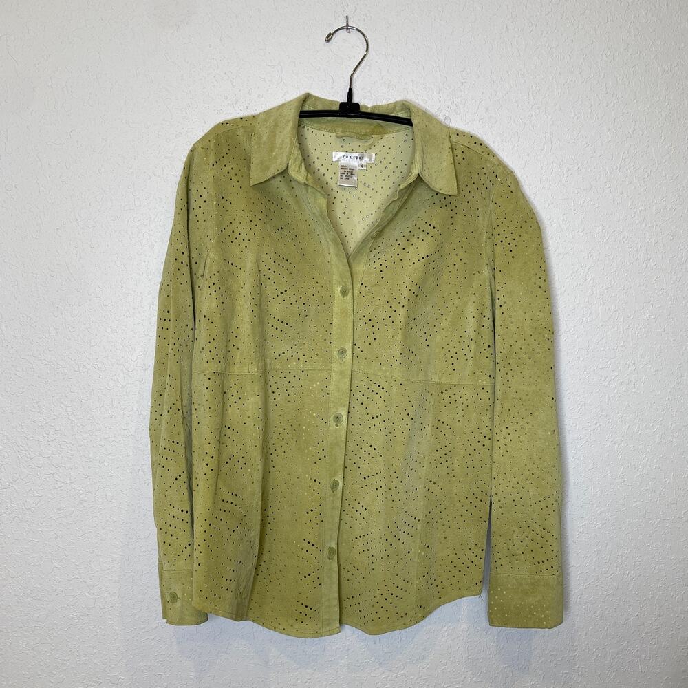 Co & Eddy Light Green Suede Eyelet Button Down Collared Shirt Sz 6 Leather